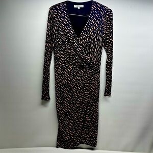 L. K. Bennett Dress  Sz 8 Wrap Gathered Long Sleeves V Neckline